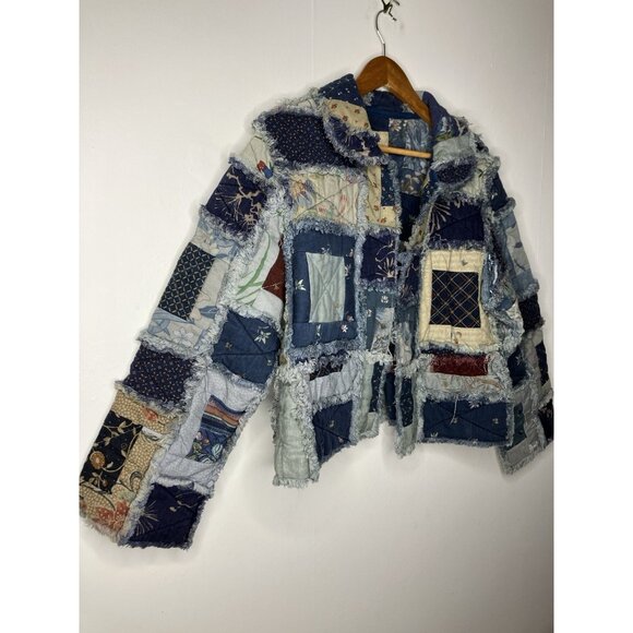 Quilted Patchwork Women's Medium Jacket Blue Artsy Boho - Picture 3 of 13
